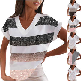 2022夏亚马逊速卖通女士休闲T恤印花V领短袖上衣现货厂家直销