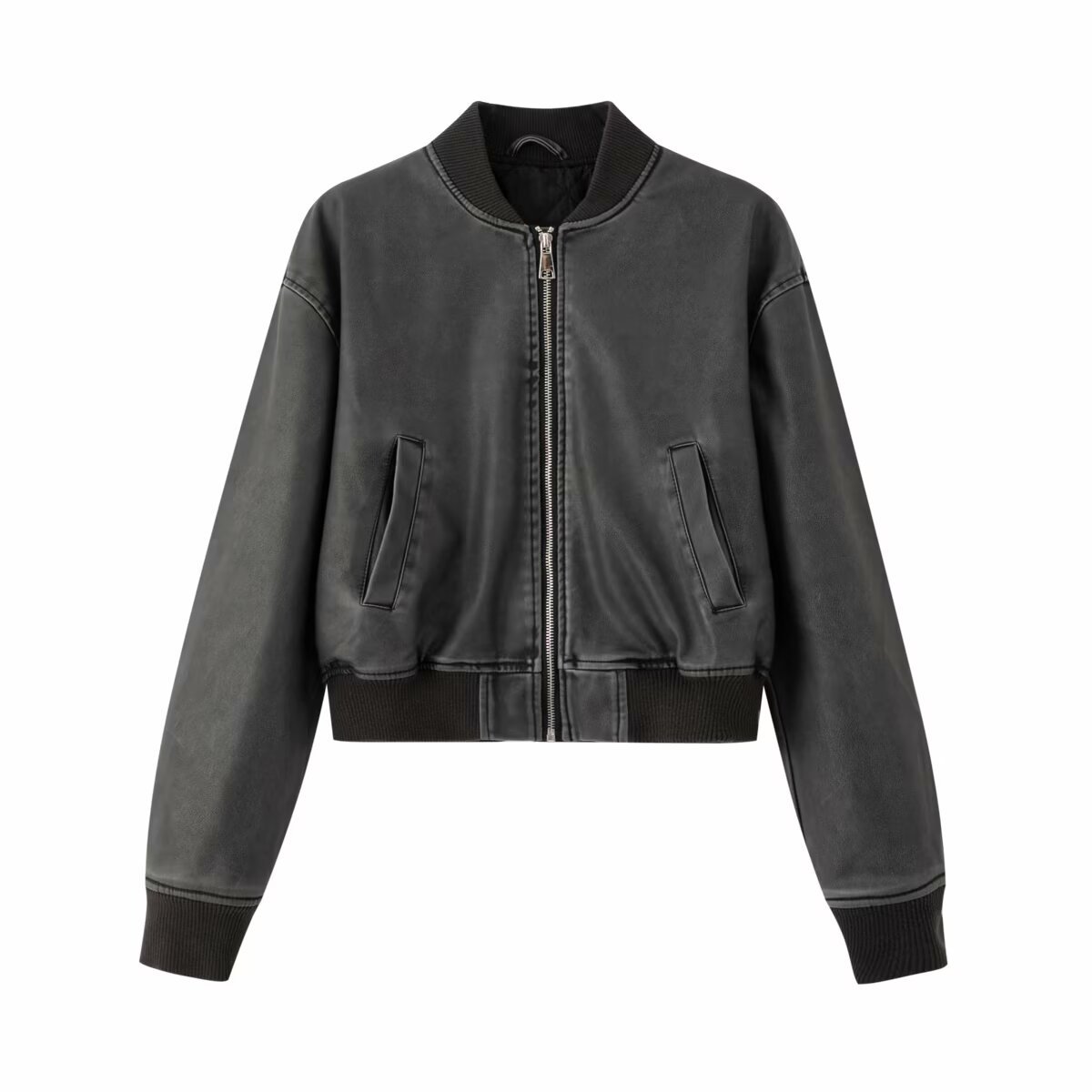 Vintage Washed Faux Leather Jacket for Women 2025 Autumn and Winter European and American Style Biker Style Padded Stand Collar Leather Jacket