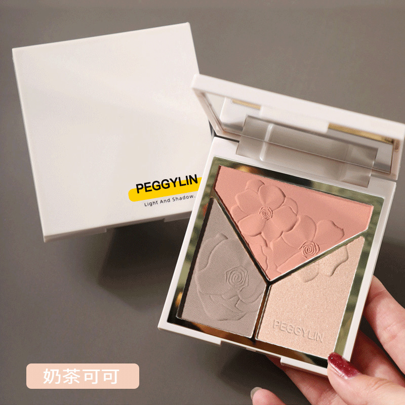 PEGGYLIN Placa de reparación de tres colores resaltar sombra rubor no fácil de quitar maquillaje Perla resaltar sombra suave maquillaje en polvo