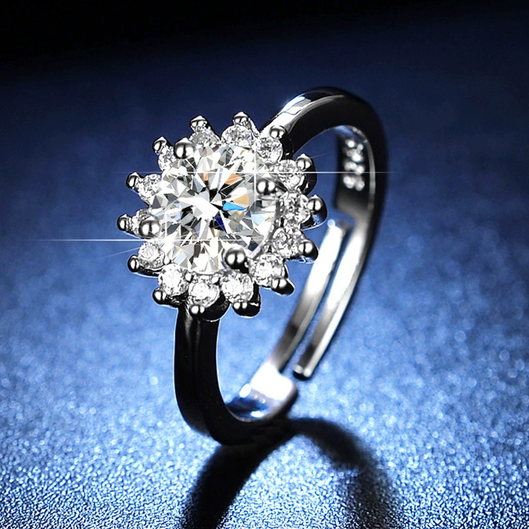 Ring one carat, adjustable open band with AAA zirconia, silver-layer plating