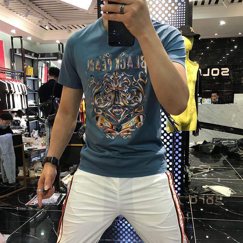 European Summer Clothing Men's Mercerized Cotton Short-Sleeved T-Shirt Men's Totem Trendy Hot Diamond Embroidered Half-Sleeved Top Plus Size Ins European Summer Clothing Men's Mercerized Cotton Short-Sleeved T-Shirt Men's Totem Trendy Hot Diamond Embroidered Half-Sleeved Top Plus Size Ins