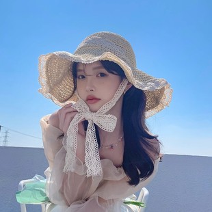Lace-up Straw Hat Korean Style Ins Sweet Style Summer Sunscreen Beach Seaside Sun Hat Lace Sunshade Hat
