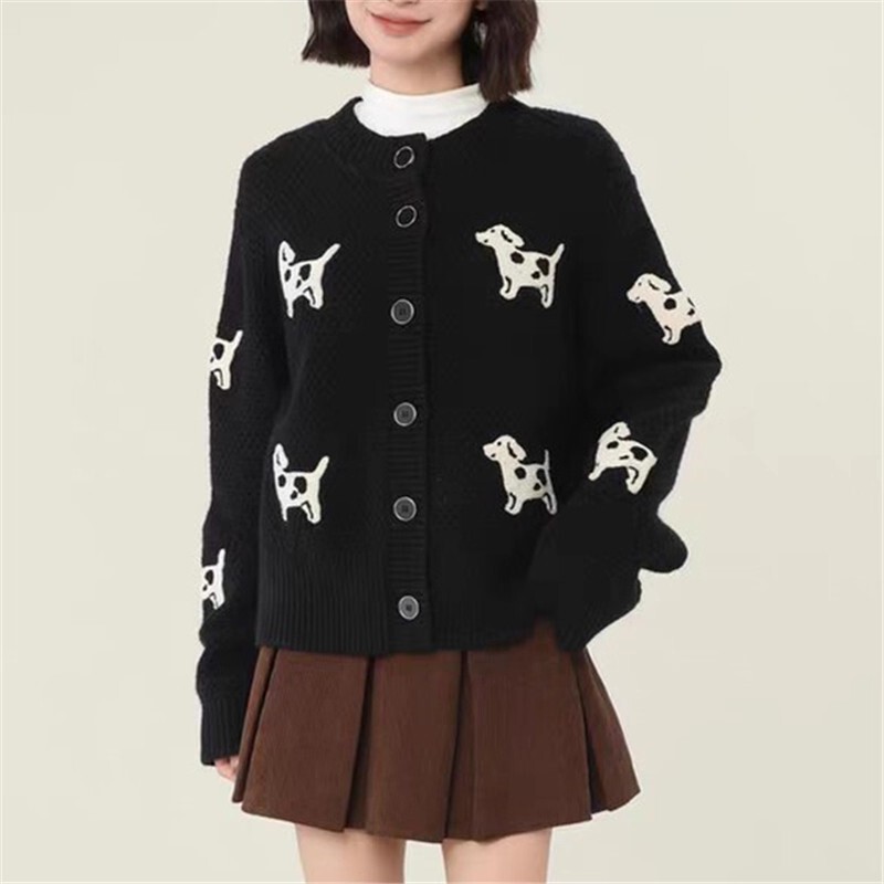 Black Puppy Sweater Jacket for Women in Spring and Autum Thickeneded Short Loose Lazy High-End Wool Knitted Cardigan