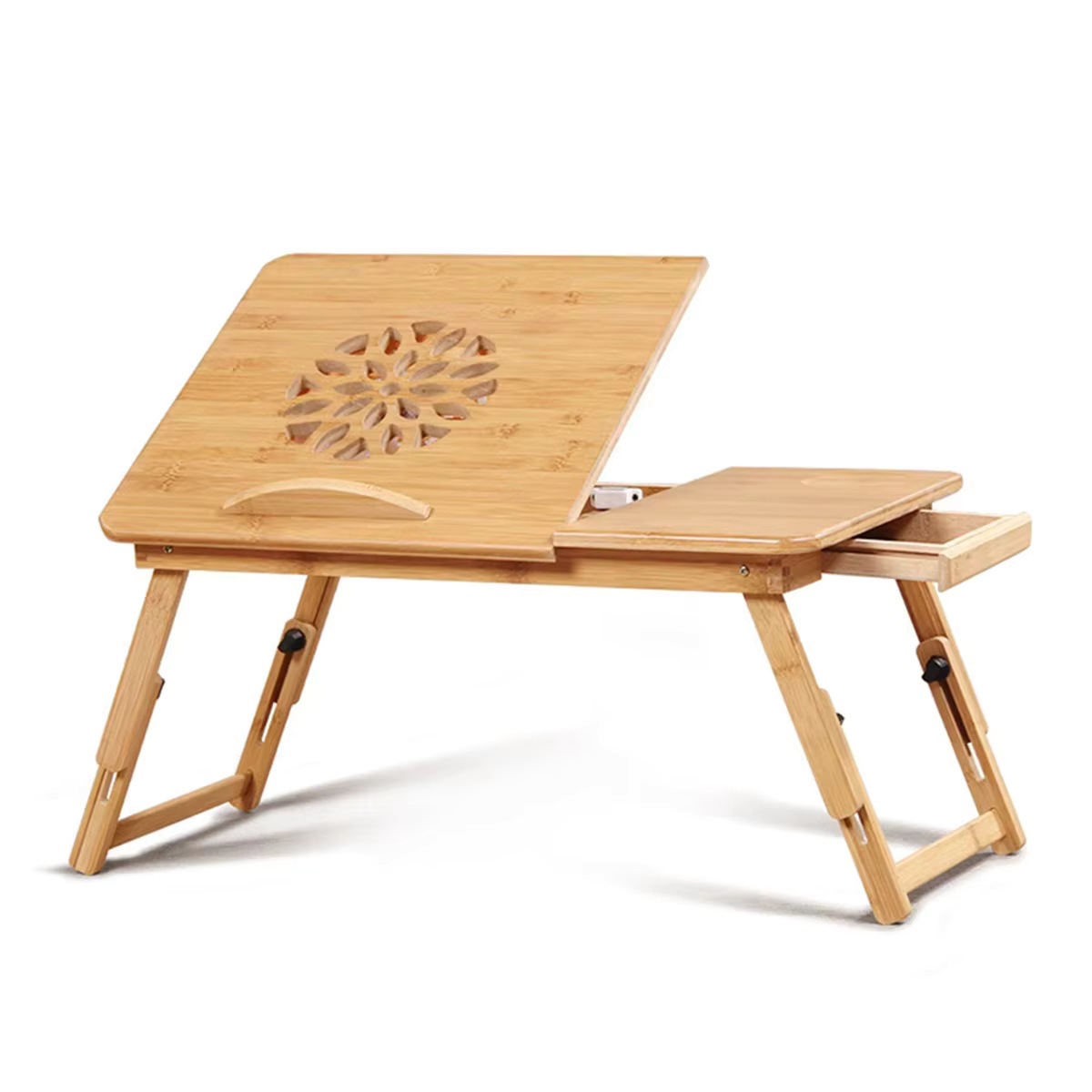 Mesa de computadora portátil plegable multifuncional Lotus ajustable y duradero pequeño cajón de bambú portátil para estudio y oficina