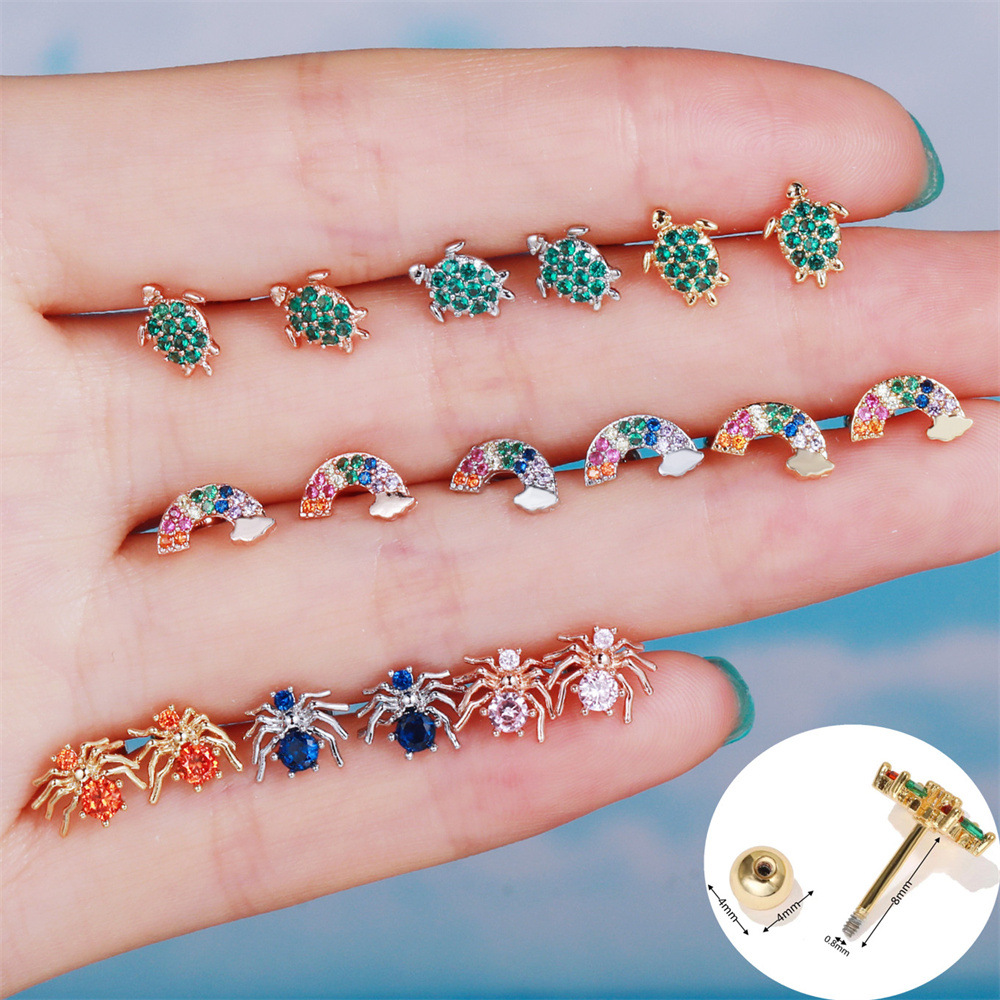fashion new animal micro-inlaid zircon screw puncture ball copper earrings