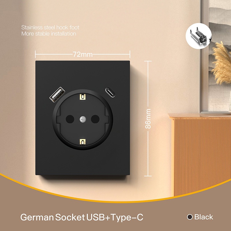Interruptor de pared estándar europeo enchufe de pared negro alemán enchufe de agujero redondo CE interruptor Euro 16A 250V