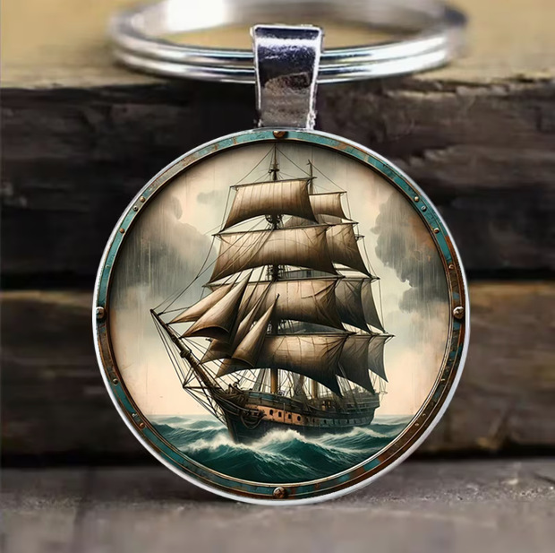 Cross-Border Retro High-Masted Sailboat Smooth Sailing Round Glass Alloy Keychain Pendant Car Backpack Accessory Cross-Border Retro High-Masted Sailboat Smooth Sailing Round Glass Alloy Keychain Pendant Car Backpack Accessory