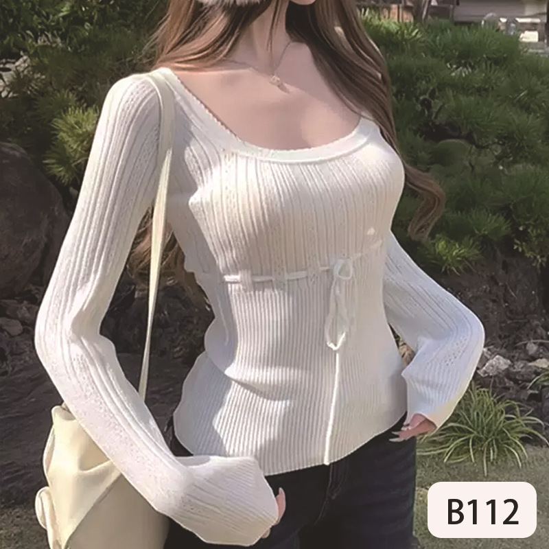 Pure Desire Style Spicy Girl Sexy Lace-Up U-Neck Long-Sleeve Knit Sweater for Women, Autumn and Winter Design, Solid Color, Waist-Cinching, Elegant Top