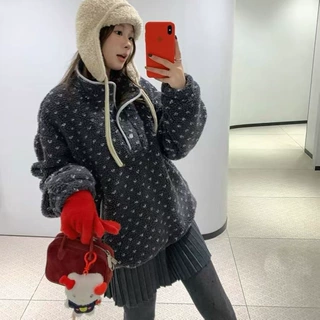 韩国东大门摇粒绒半开襟加绒套头外套女秋冬chic宽松显瘦波点卫衣