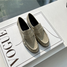 the*r金色复古鳗鱼纹牛皮乐福鞋女真皮圆头平底单鞋一脚蹬小皮鞋