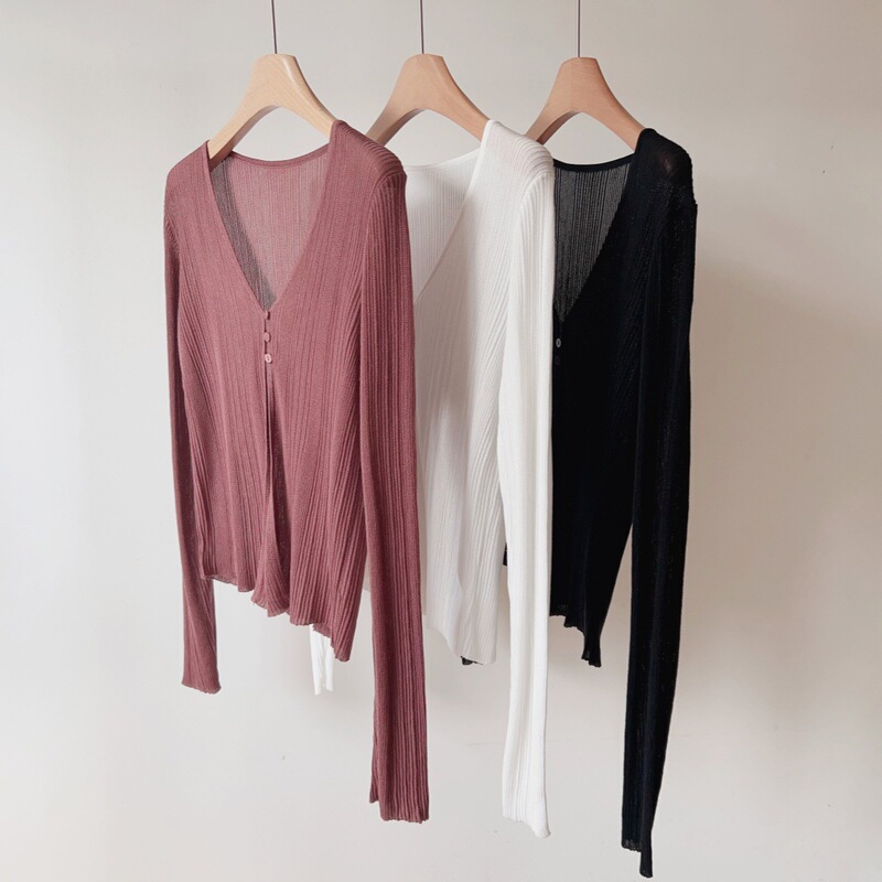 Early Autumn Silk-Style Thin Knit Cardigan Versatile Slimming Air-Conditioned Long-Sleeve Sun-Protective Top with High Slit Design