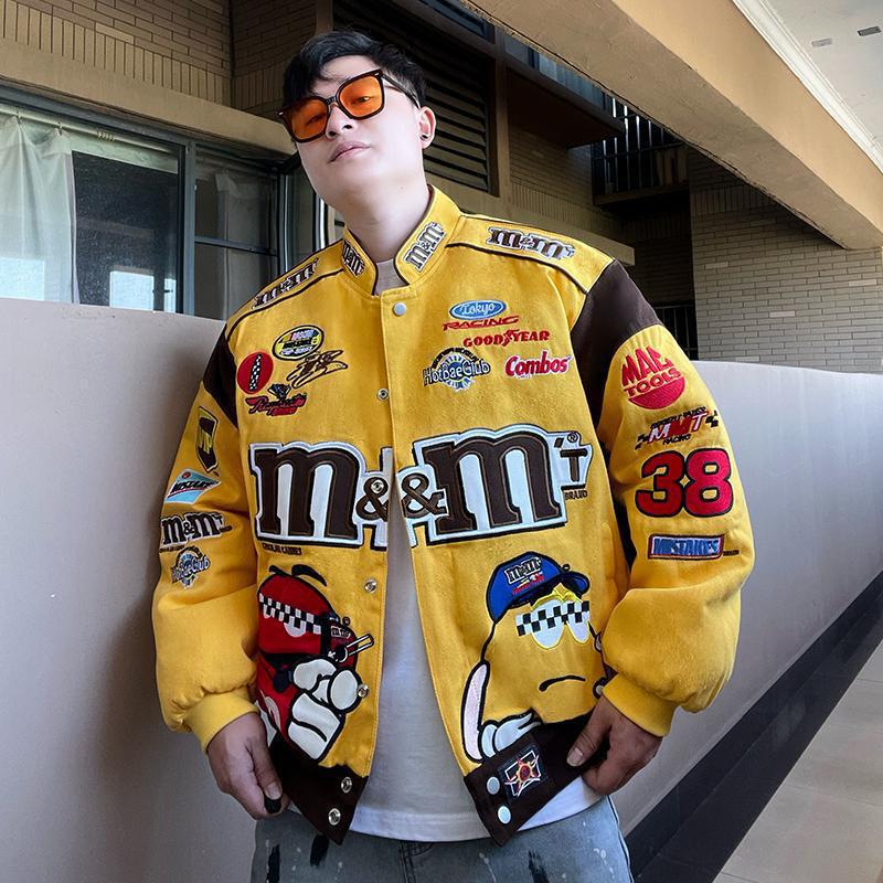 Mm Bean Embroidery Racing Motorcycle Jacket for Men and Women, Loose Retro Trendy Brand Baseball Cotton Jacket, Couple's Stand Collar Thickened Coat