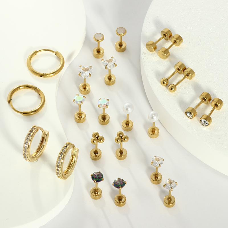 12 Pairs Stainless Steel Casual Zircon Stud Earrings Set Round Earrings for Women Men detail image 9