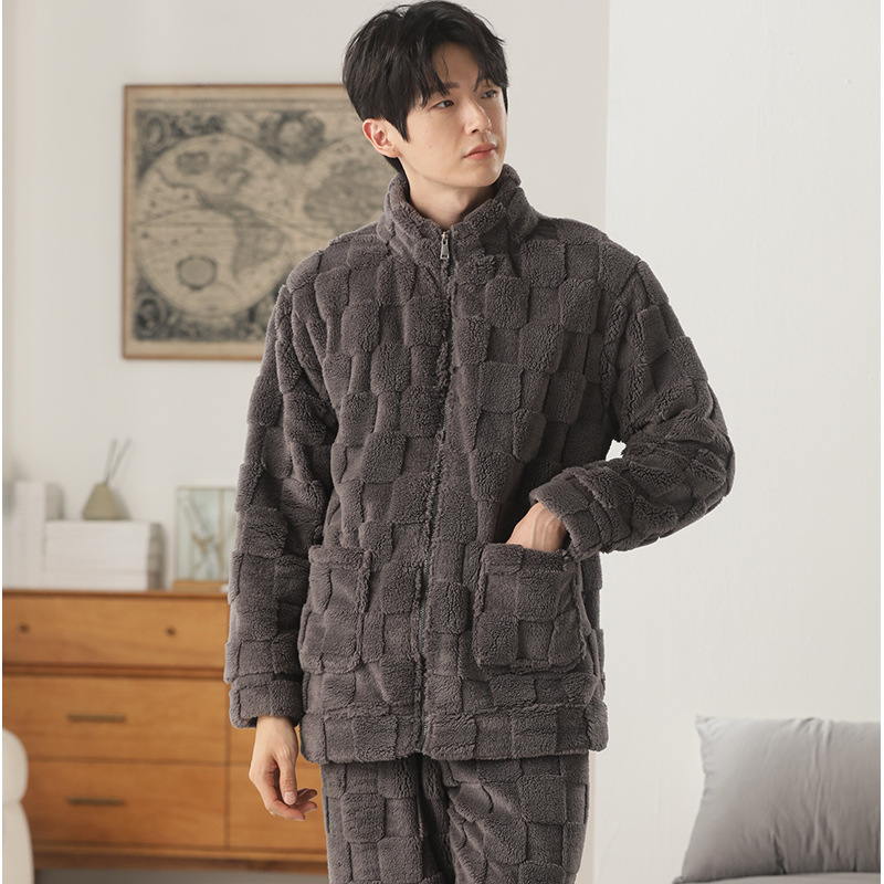 2024 New Couple Home Wear Autumn and Winter Warm and Comfortable Cotton Velvet Long-Sleeved Fleece-Lined Pajamas Set Thickeneded Can Be Approved