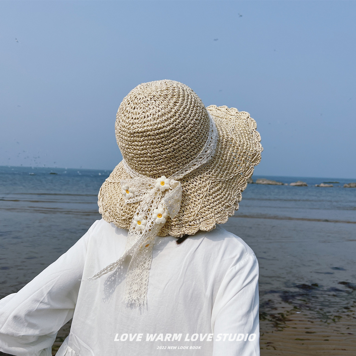 新款日系小清新蝴蝶结飘带草帽女夏季海边出游度假沙滩帽遮阳草帽