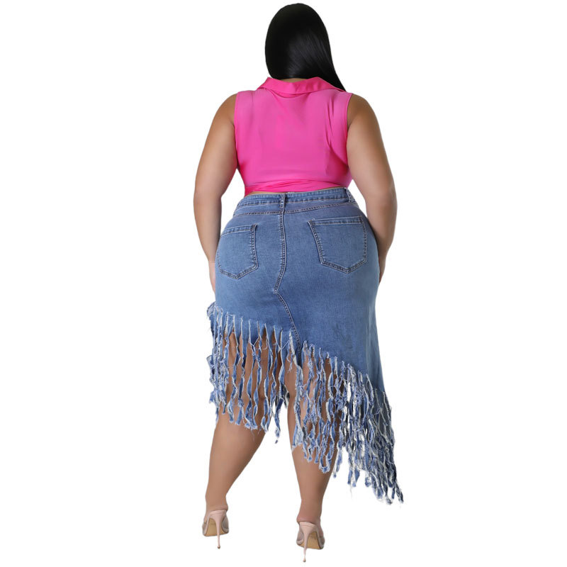 Gonna di jeans con nappe per donna taglie forti moda primavera_voghion.com