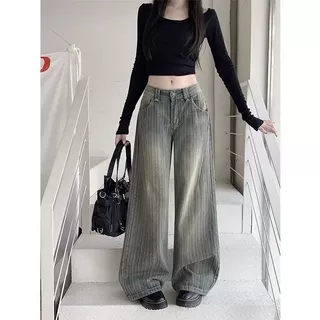 复古高腰条纹设计牛仔裤女新款宽松显瘦垂感辣妹直筒遮肉阔腿拖地