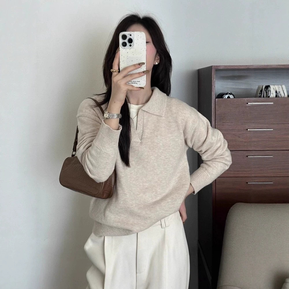 French Lazy Style Polo Collar Fashionable Knitwear for Women in Autumn and Winter New High-End Elegant Age-Reducing Bottoming Knitwear