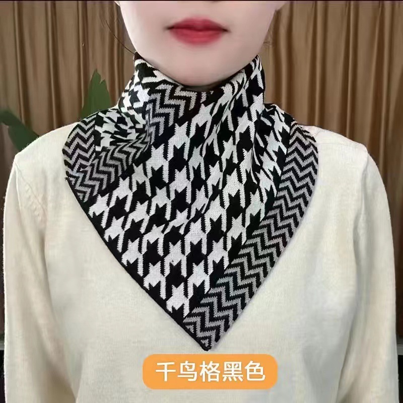 三角スカーフ、ネックウォーマー、おしゃれで多用途、秋冬のネックプロテクター、韓国風、暖かさを保つニット、千鳥格子柄、厚手で保温性が高い|undefined