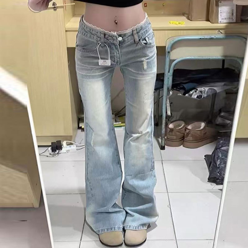 Light Color Micro-flared Jeans Women's plus size Stitching Lace Low Waist chubby girl Slim-fit Design Horseshoe Long Pants