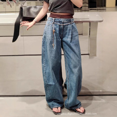 Nanyou 高バージョン 25 初秋アメリカンレトロフェイクツーピースダブルウエストルーズワイドレッグパンツシミタージーンズ女性用