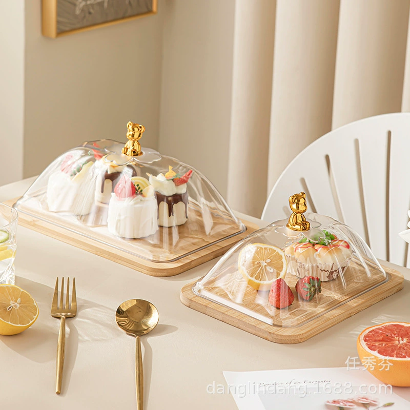 Оптовая бамбуковая подставка для масла, кофейня, с прозрачной крышкой, поднос для демонстрации десертов и тортов, квадратный поднос для сыра