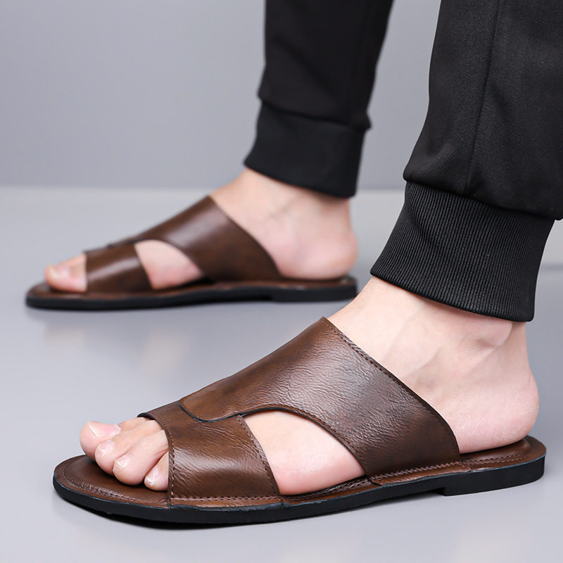 Dép sandal nam quai ngang hở mũi kiểu retro, đế cao su êm chân, cỡ lớn — nâu, đen