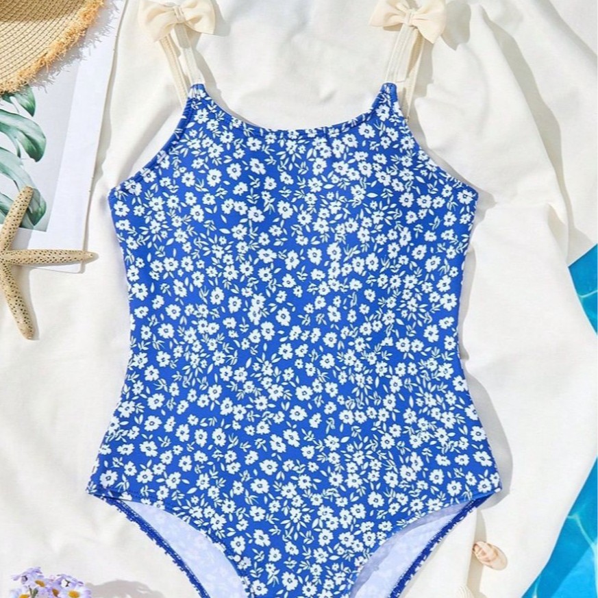 Einteiliger Badeanzug mit Blumenmuster für Mädchen, niedliches Dreiecksmuster, verspielter Stil, Sommerbademode für größere Kinder im Alter von 3-11 Jahren_voghion.com