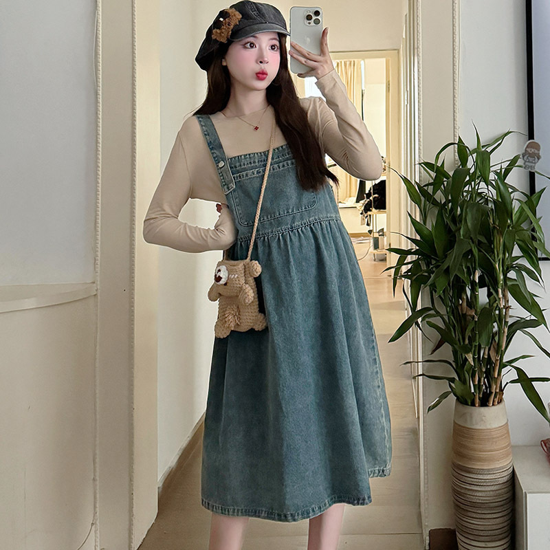 임산부복 봄 가을 서스펜더 데님 드레스 2024 패션 아우터웨어 임산부 투피스 슈트 임산부 스커트 트렌드