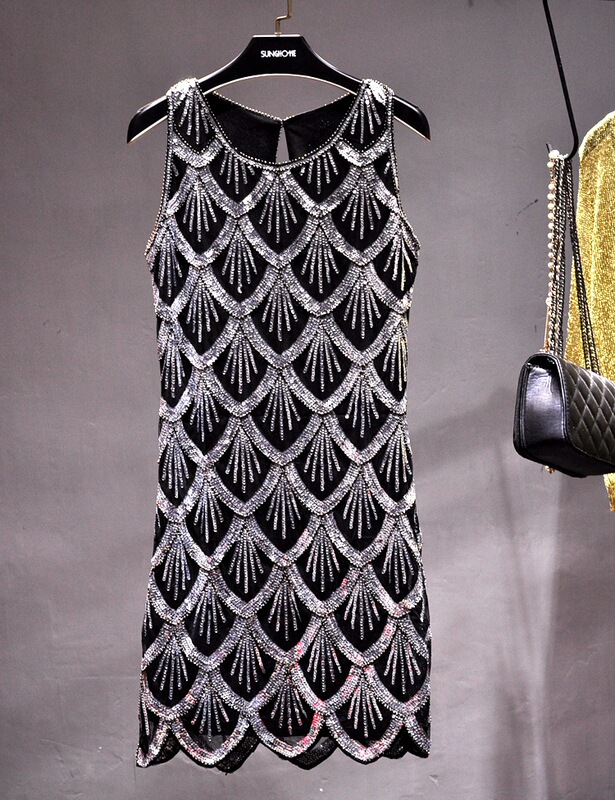 Han Eun's European Station Sequin Slim-Fit Slim Dress Mid-Length Sleeveless Vests Dress Dinner Dress