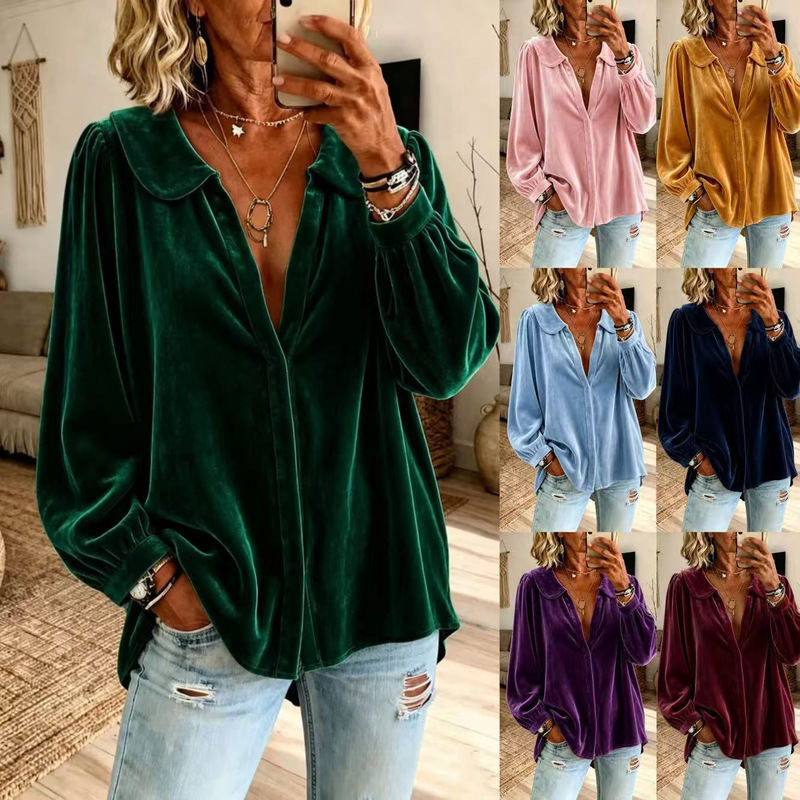 European and American women's fashion 2026 autumn/winter cross-border new arrivals: Amazon and independent store velvet solid-color doll-collar V-neck shirt