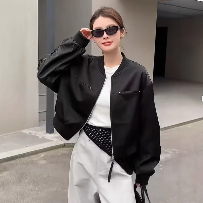 High-End European Satin Stand-Collar Baseball Jacket for Women, 2026 Spring New Style, Loose Fit, Slimming, Age-Reducing Jacket Top