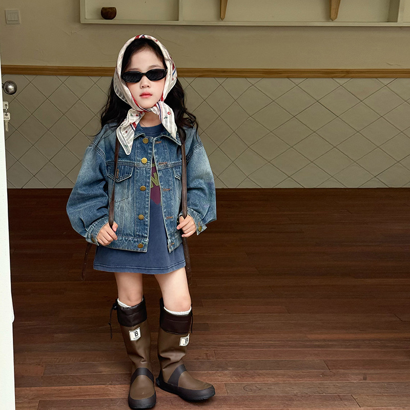 Aimobeibei Children's Vintage Distressed Denim Jacket for Girls, Autumn Korean Style Casual and Fashionable Jacket Top