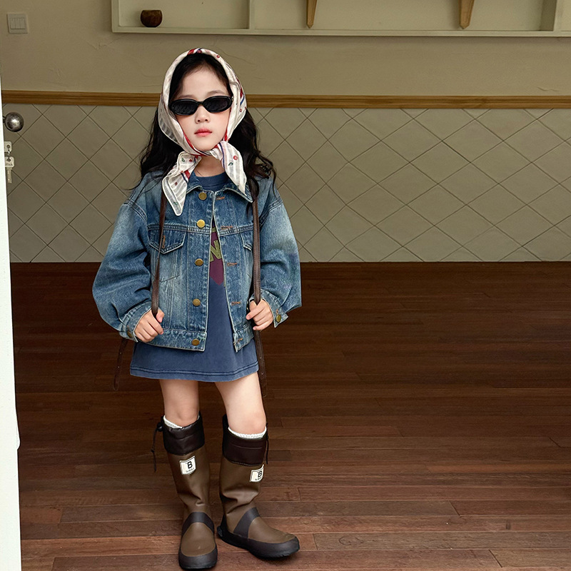 Aimobeibei Children's Vintage Distressed Denim Jacket for Girls, Autumn Korean Style Casual and Fashionable Jacket Top