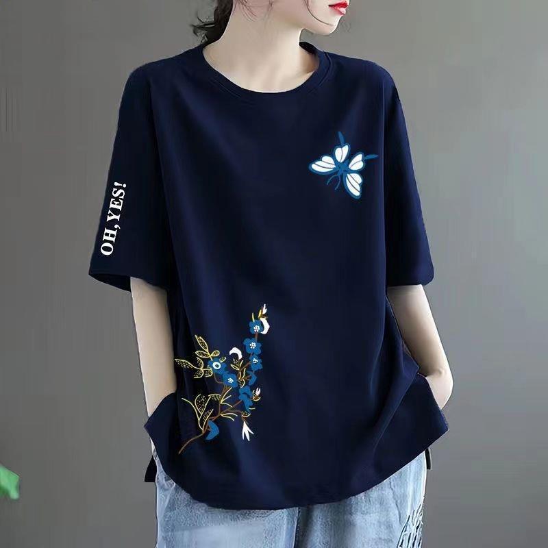 Clearance Sale Women's Short Sleeve Loose Versatile Printed T-Shirt Round Neck Middle-Aged Mom Style Tee Top Ins Trend