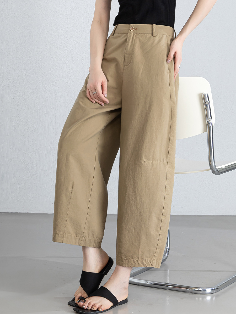 Quần culottes nữ ống rộng cạp cao vải lanh phối cotton, dáng bong bóng thoáng mát — màu kaki