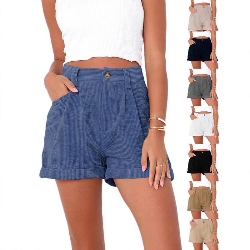 2025 Spring/Summer European and American New Amazon Cross-Border Women's Casual High-Waisted Solid Color Corduroy Loose Shorts