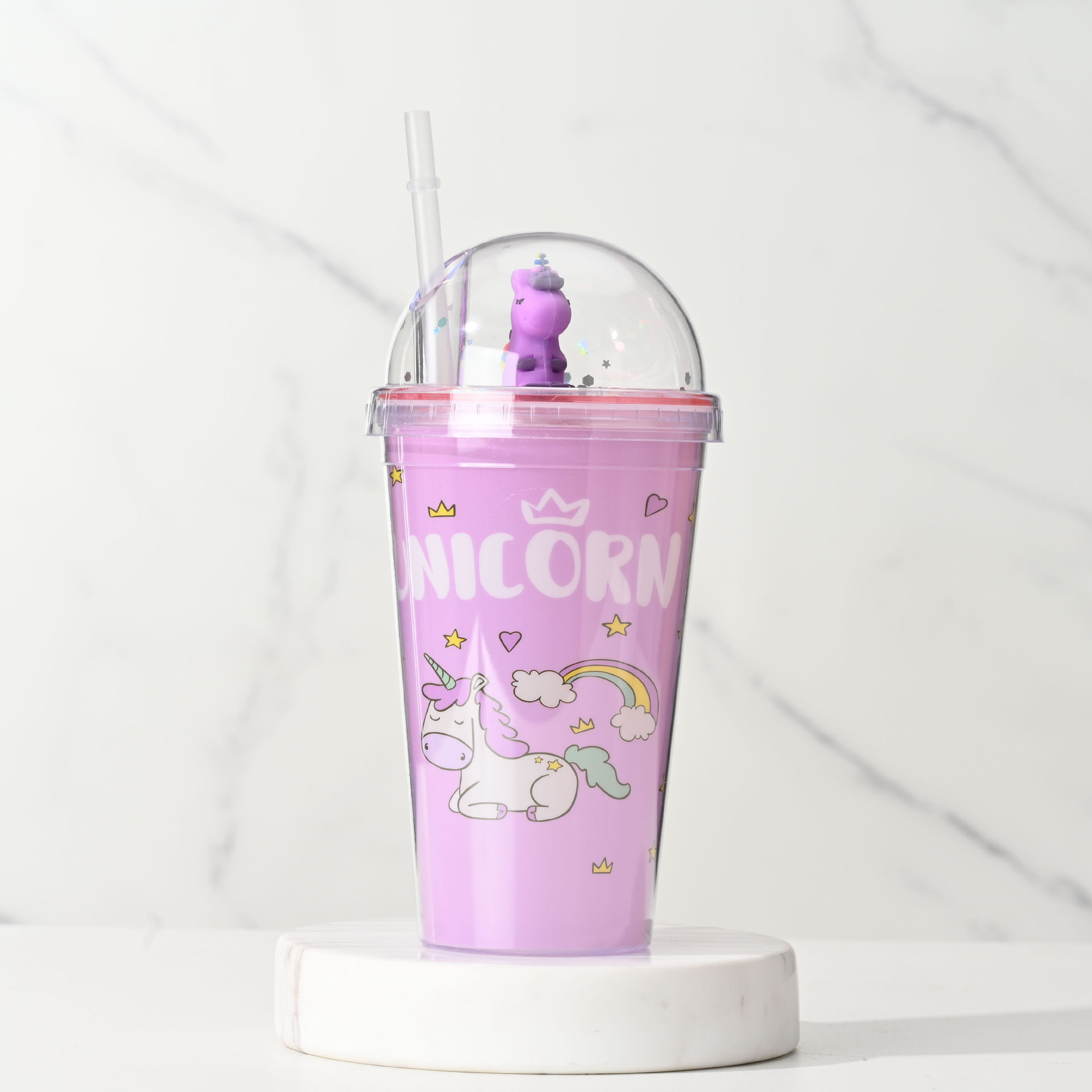 Internet celebridad de dibujos animados unicornio taza de agua de doble capa de plástico de hielo taza de trituración taza de paja taza de alto aspecto estudiante taza de los niños