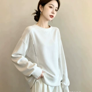 实拍大码女装胖下摆抽绳感欧货针织拼接简约卫衣