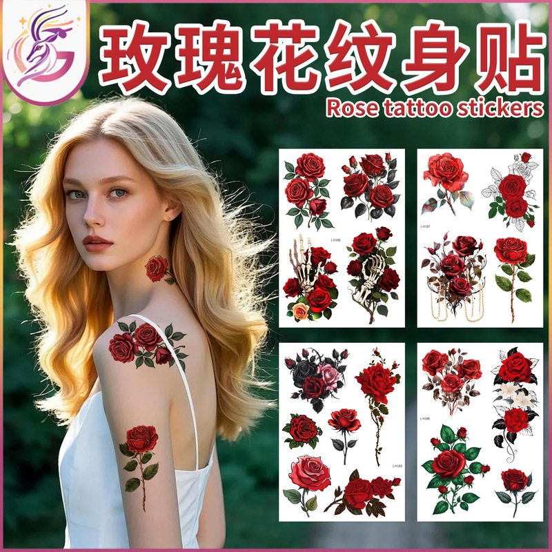 Rose Tattoo Sticker Vibrant Blood Rose Thorn Flower Skull Dark Night Party Prom Horror Temporary Tattoo