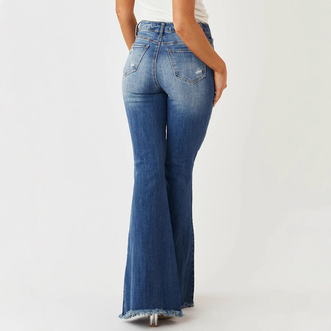Jeans Acampanados para Mujer de Mezclilla de Algodón, Cintura Media, Alta Elasticidad, con Rotos, para Uso Diario