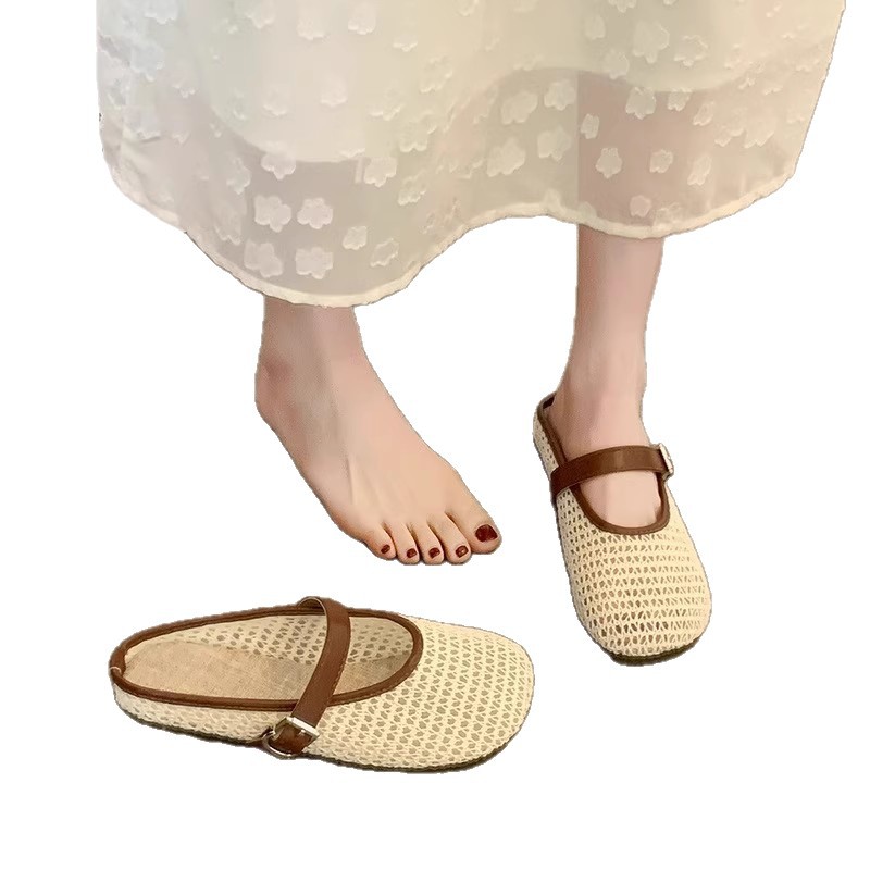 French-Style Flat Fishnet Hollow Birkenstock-Style Mule Slippers for Women, Summer 2025 New Slip-On Sandals