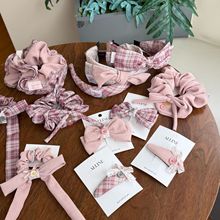 alline韩版新款粉格子蝴蝶结纽扣蕾丝发箍鸭夹字母大肠圈bb夹发饰