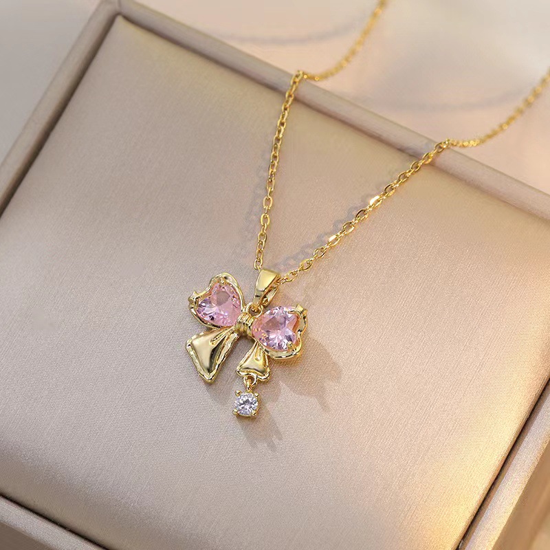 Titanium Steel Sweet Bow Knot Diamond Pendant Necklace display picture 6