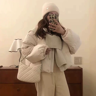 针织围巾披肩羽绒服女短款2026新款加厚立领面包服小个子冬季外套