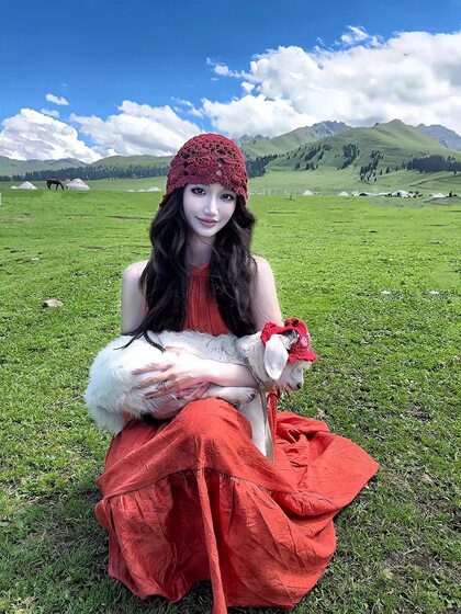 New Chinese Style Retro National Style Jacquard Red Neck dress Women's Summer Seaside Vacation Elegant Long Skirt