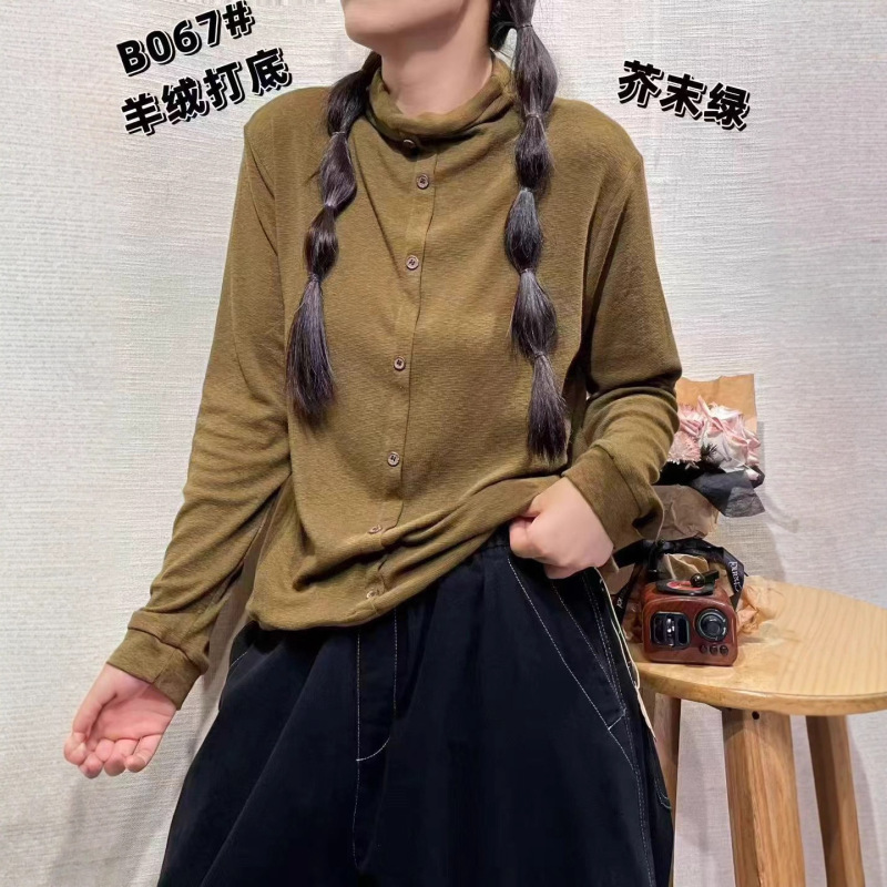 羊绒打底衫 2025冬季新款 小众纽扣半高领保暖上衣女内搭T恤潮067|undefined