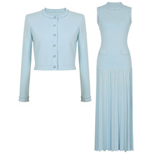 品质现货2025年春秋季新款百搭淑女钉珠针织上衣+无袖长款连衣裙