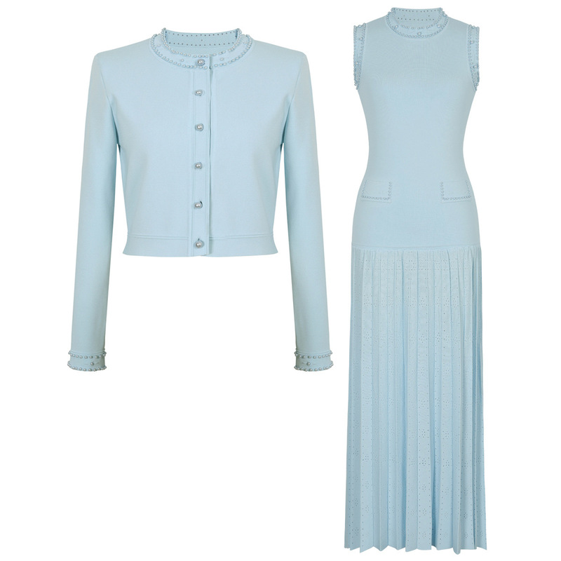 2522 Quality In-Stock Spring and Autumn New Versatile Elegant Beaded Knit Top + Sleeveless Long Dress