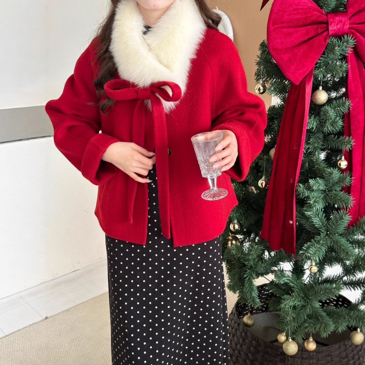 Little Witch 2025 Autumn and Winter New Lace-Up Double-Sided Wool Coat Women's Fox Fur Collar Hooded Woolen Jacket